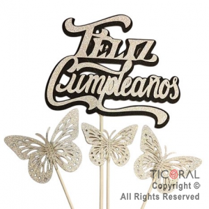 CAKE TOPPER MARIPOSA FELIZ CUMPLEAOS PLATA Y NEGRO GIBRE CON PINCHE X 1